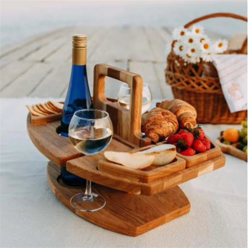 Foldable Wooden Wine Picnic Table Round Outdoor Snack Tray With Holders
