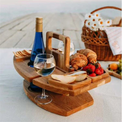 Foldable Wooden Wine Picnic Table Round Outdoor Snack Tray With Holders
