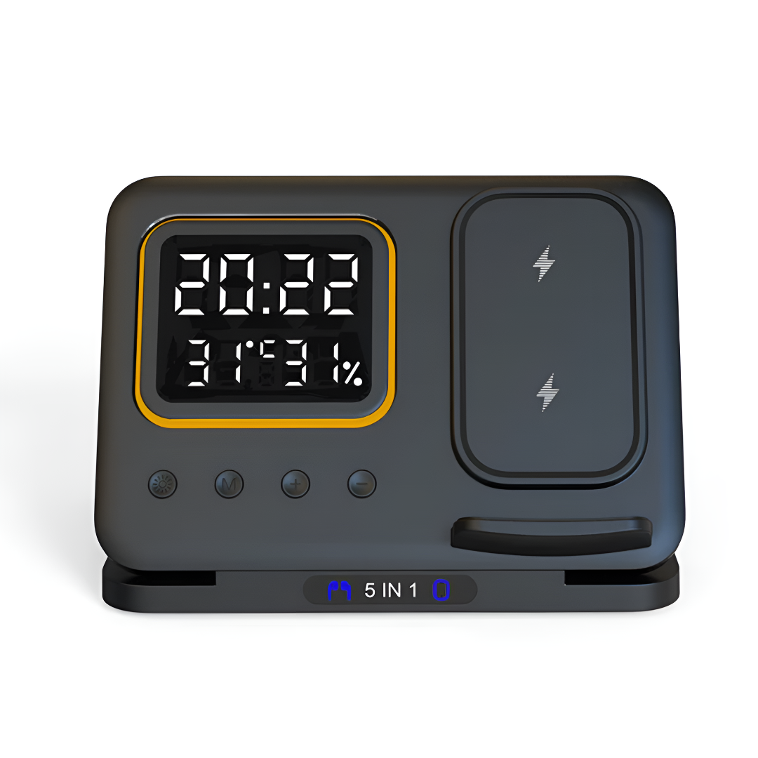 Wireless Charging Station With Digital Clock And USB Ports