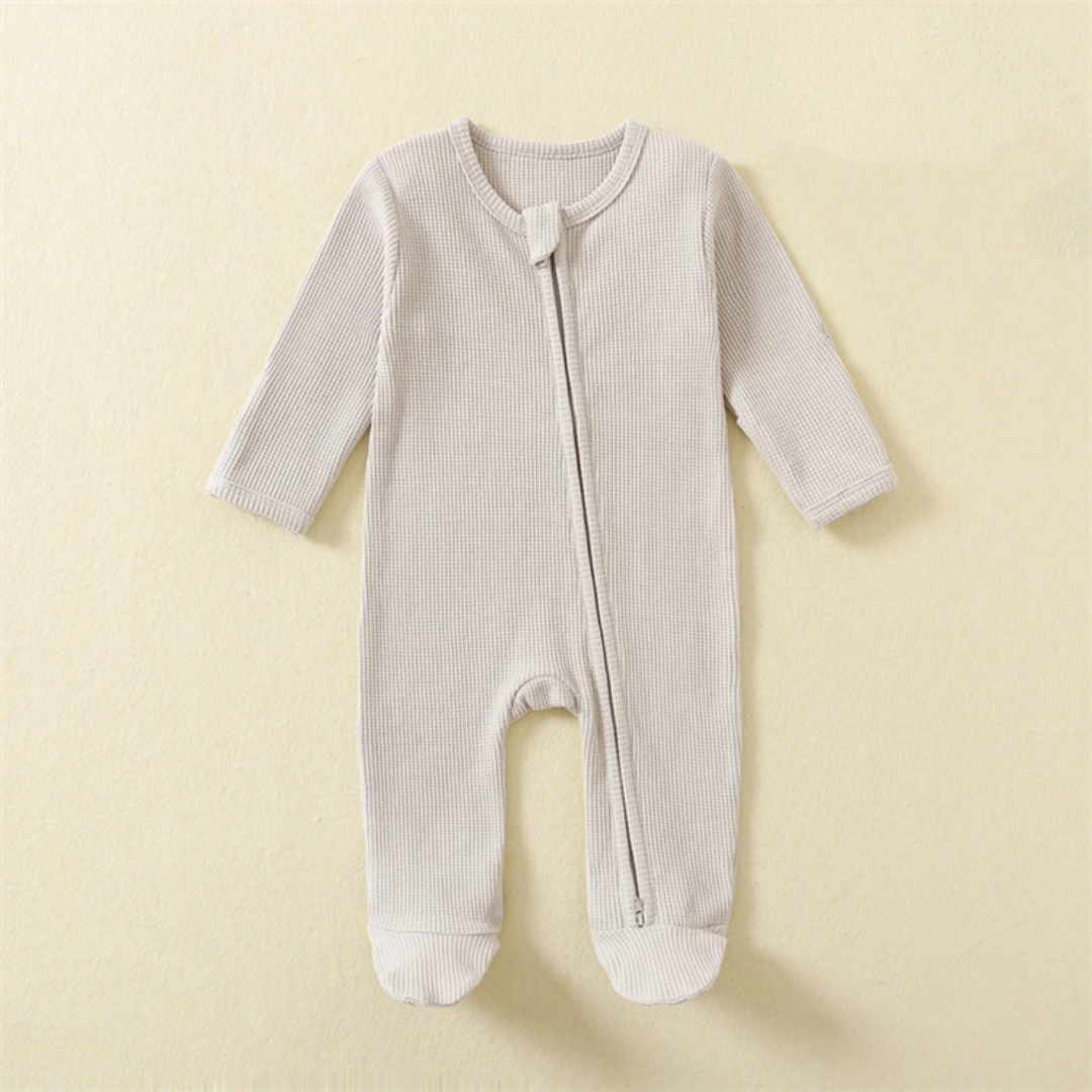 Organic Waffle Cotton Romper With Zipper For Babies
