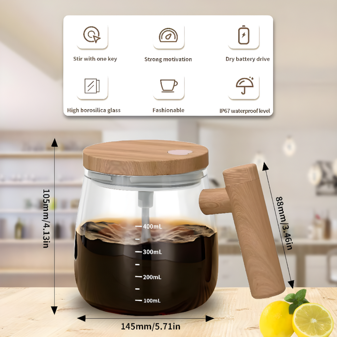 Self Stirring Coffee Mug With Stylish Wooden Handle Design