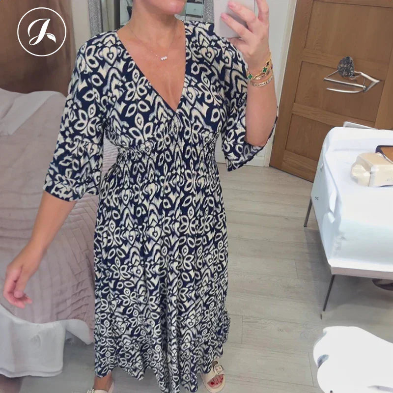 Bohemian Wrap Dress V-neck Waist Tie Casual Long Dress