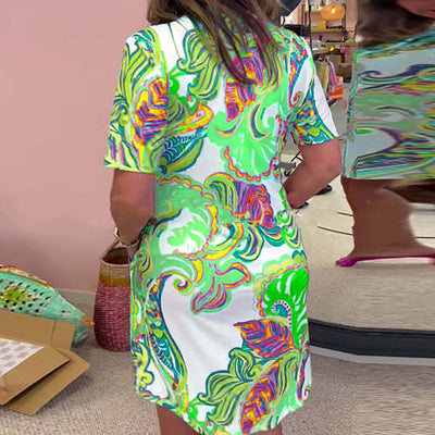 Women Colorful Printed V Neck Dress Stylish Summer Casual Wear
