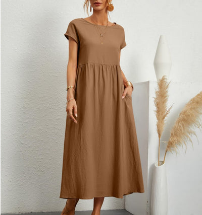 Cotton Linen Sleeveless Dress Loose Fit Solid Color With Pocket