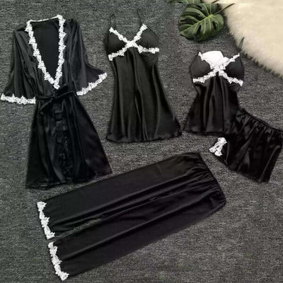 5 Piece Ice Silk Pajamas Set Comfortable Soft Silk Pajamas