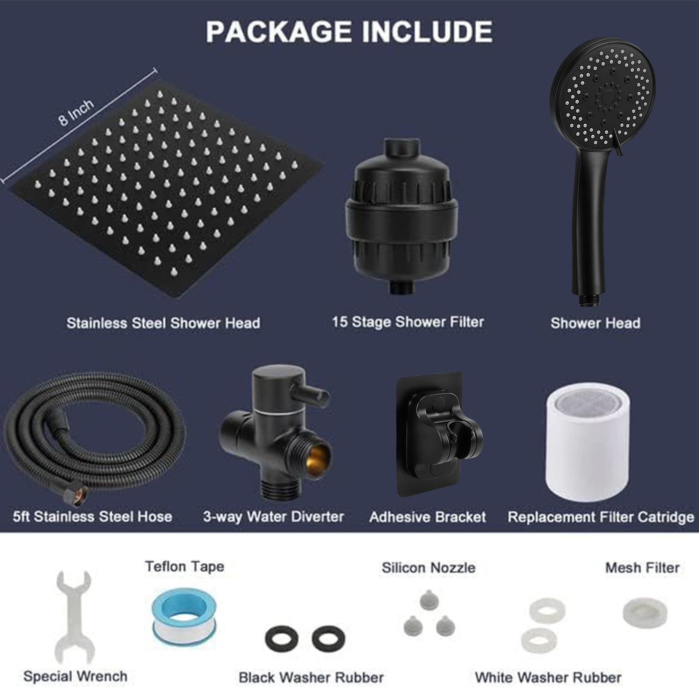High Pressure Shower Head 8 Inch Square With 5 Settings Handheld Filter