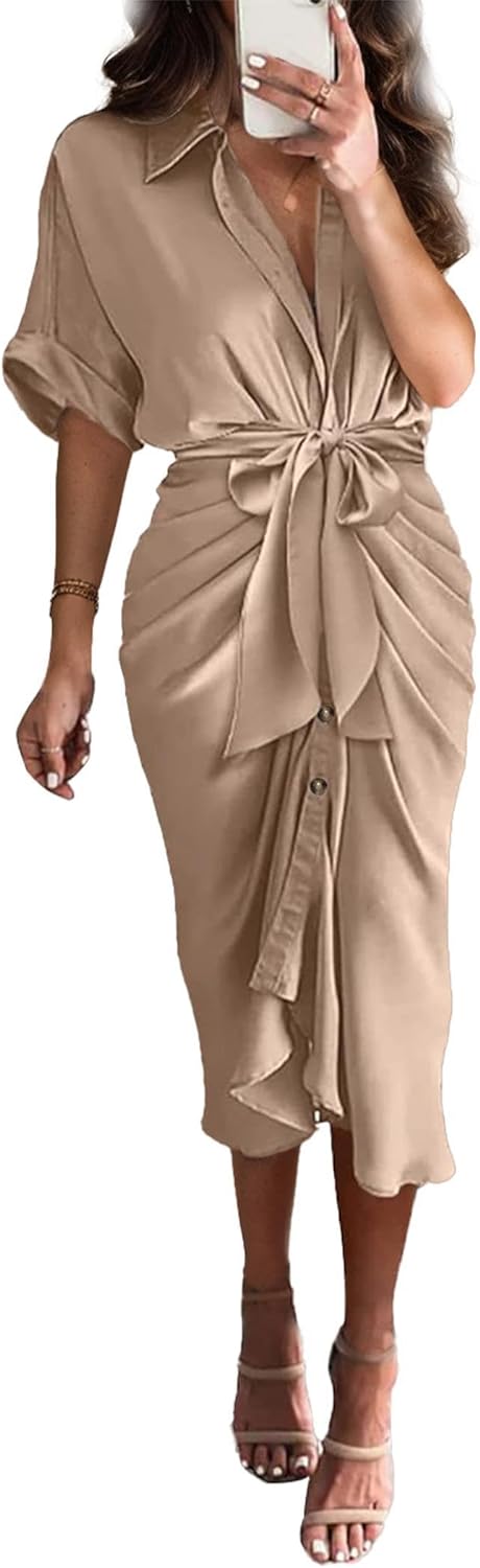 Women Satin Shirt Dress With Button Detail Elegant Design