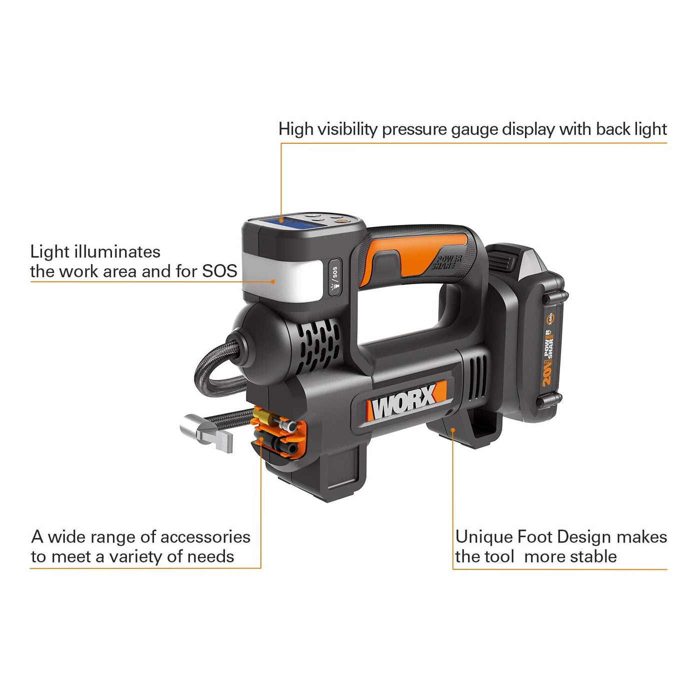 Worx WX092L 20V Cordless Tire Inflator With Digital Pressure Display