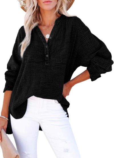 Womens Gauze Blouse Casual Button Neck Long Sleeve Oversized