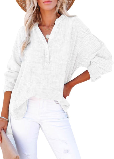 Womens Gauze Blouse Casual Button Neck Long Sleeve Oversized