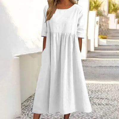 Women's Casual Cotton Dress Smocked Pocket Crew Neck Outdoor