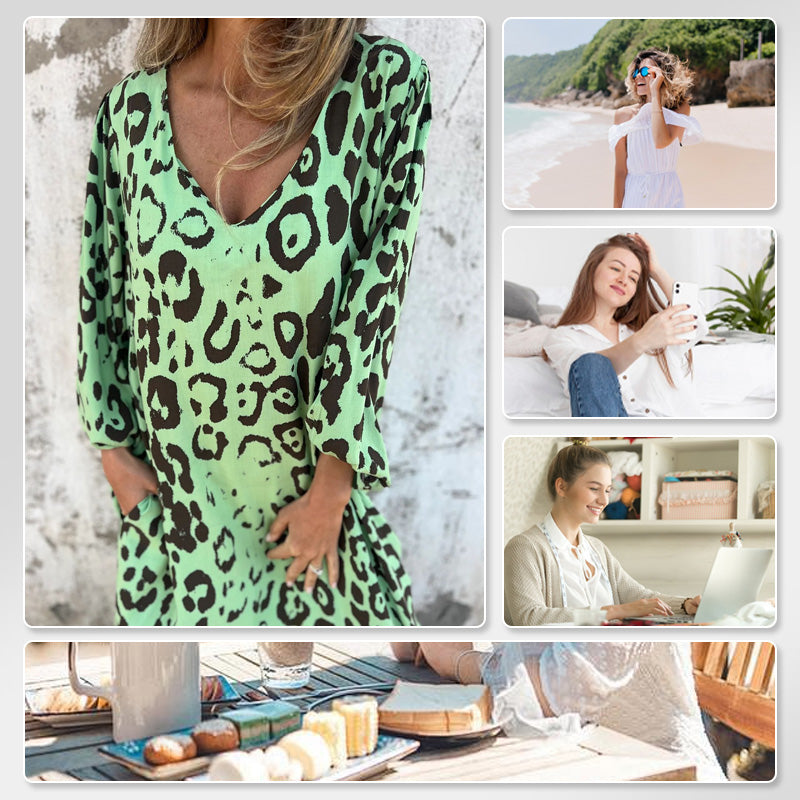 V-neck Printed Flowy Dress With Stylish Pockets For Women