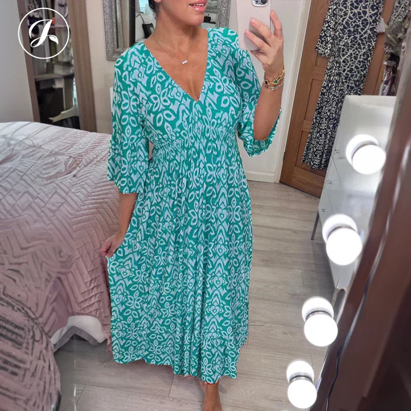 Bohemian Wrap Dress V-neck Waist Tie Casual Long Dress