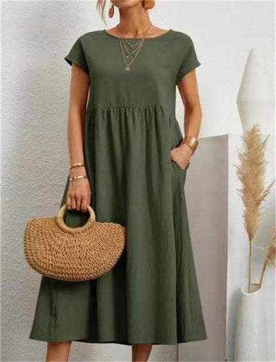 Cotton Linen Sleeveless Dress Loose Fit Solid Color With Pocket