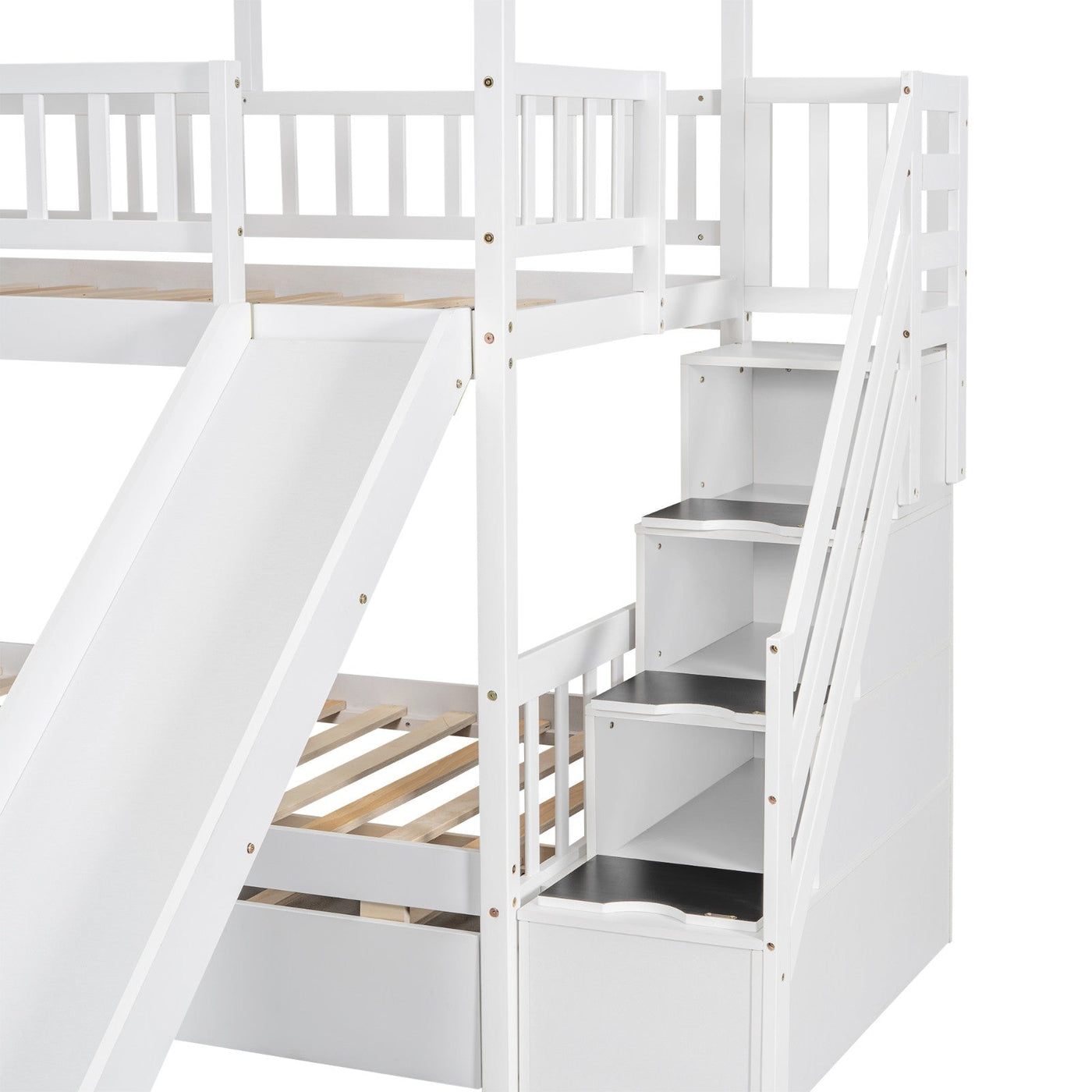 Twin House Bunk Bed With Roof Window Trundle Slide Storage Staircase