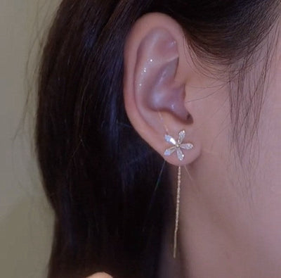 Shiny Diamond Flower Tassel Earrings Elegant Sparkling Jewelry