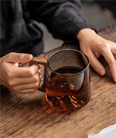 Guanshan Large Glass Cup With Wooden Handle For Coffee Tea Juice