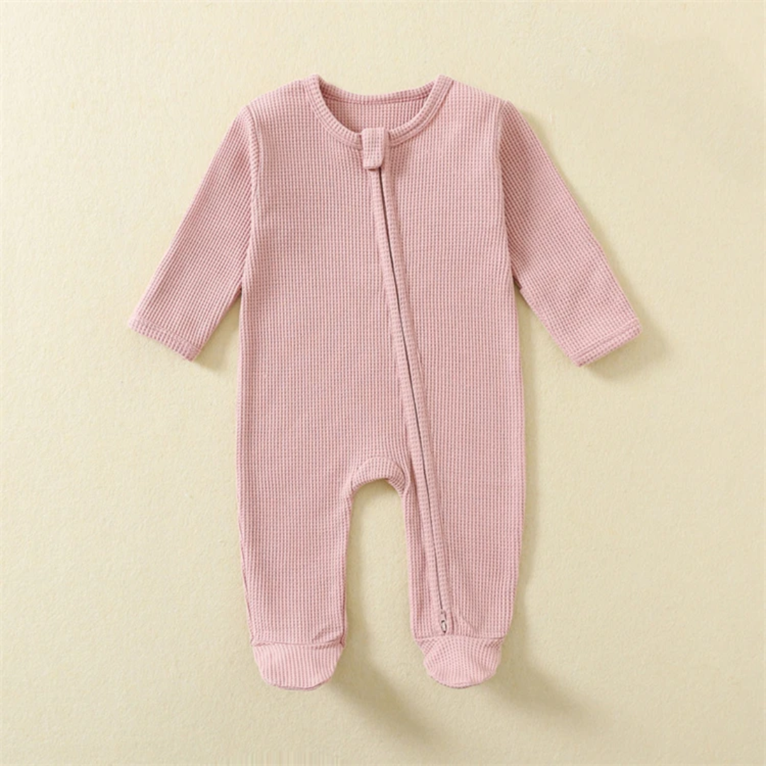 Organic Waffle Cotton Romper With Zipper For Babies