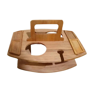 Foldable Wooden Wine Picnic Table Round Outdoor Snack Tray With Holders