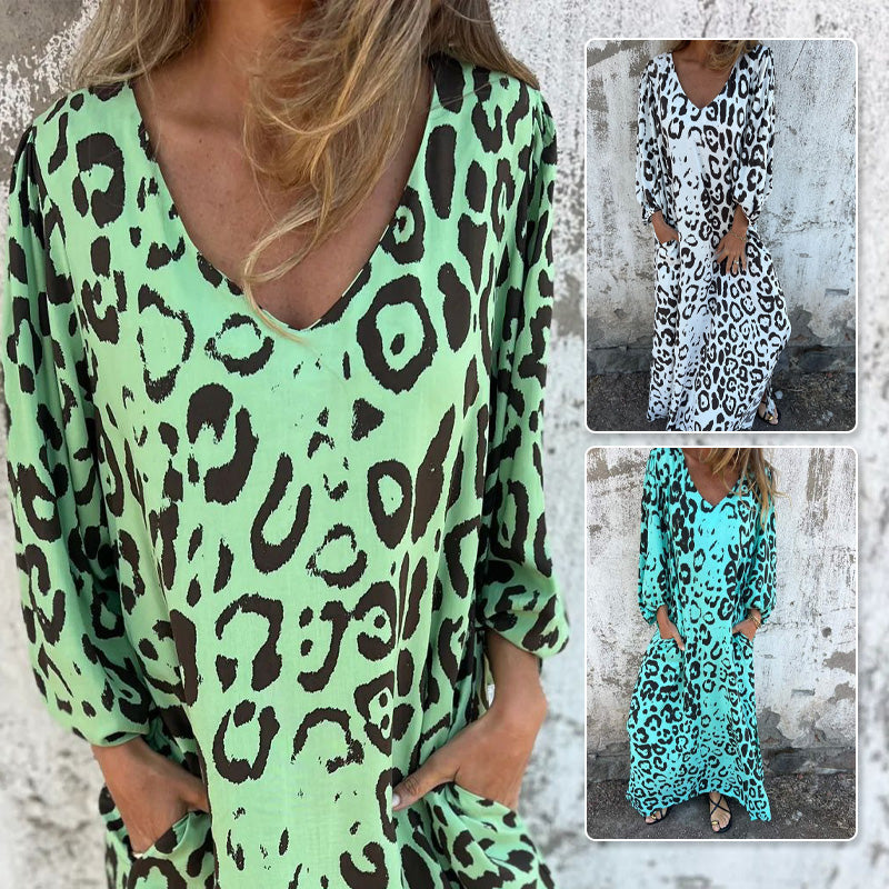 V-neck Printed Flowy Dress With Stylish Pockets For Women