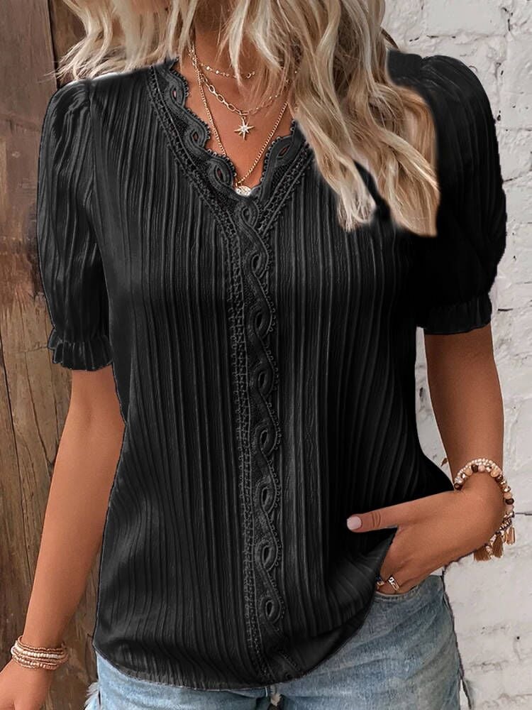 V Neck Lace Shirt Elegant Plain Stylish Women's Top