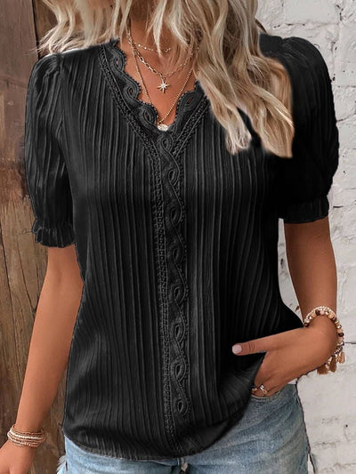 V Neck Lace Shirt Elegant Plain Stylish Women's Top