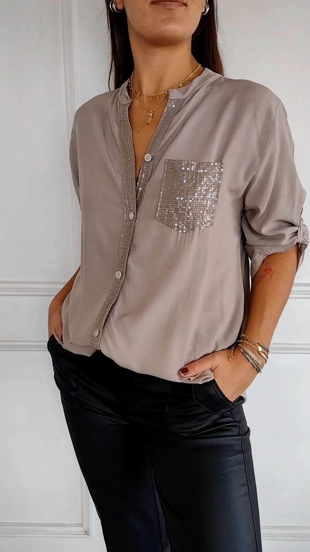 Cotton V-neck Sequin Top Mid Sleeve Casual Stylish Shirt