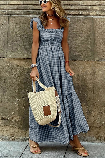 Singing Solo Maxi Dress Multi Plaid Smocked Bust Elegant Design