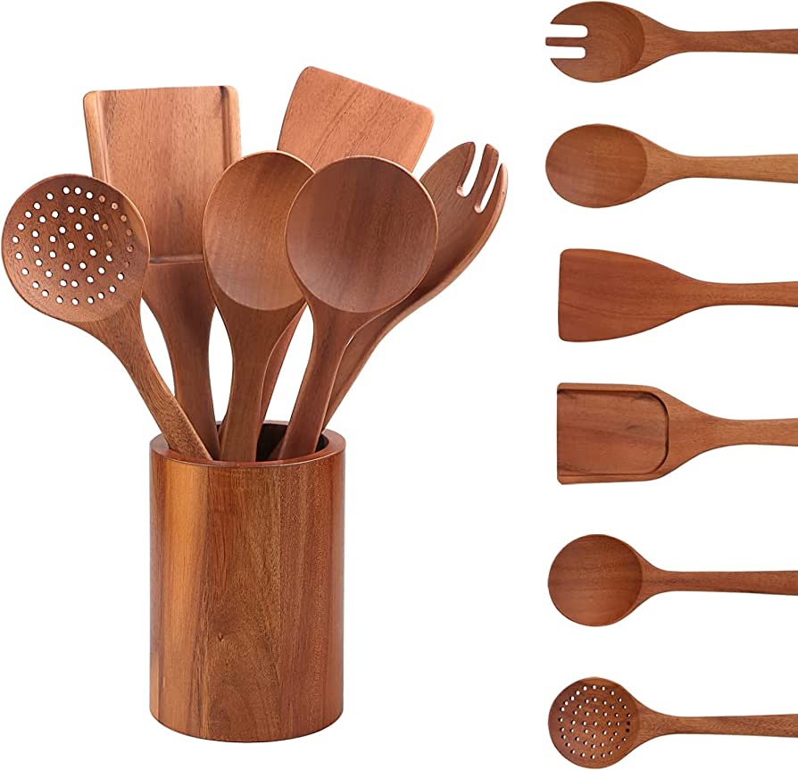 Teak Wooden Utensil Set 7-Piece Durable Kitchen Tools Collection