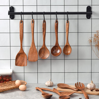 Teak Wooden Utensil Set 7-Piece Durable Kitchen Tools Collection