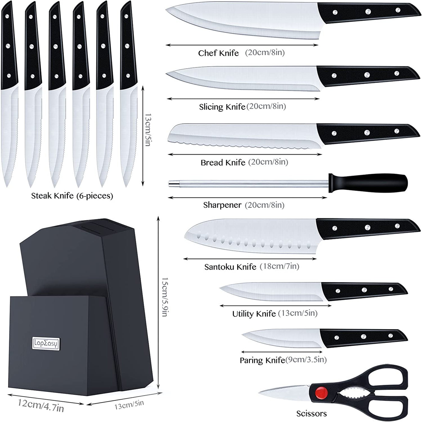 LapEasy 15 Piece Kitchen Knife Set With Pine Block Sharpener