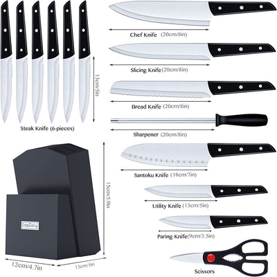 LapEasy 15 Piece Kitchen Knife Set With Pine Block Sharpener