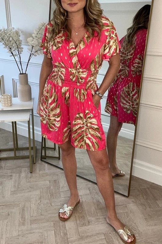 Casual Floral Polka Dot Romper With Pockets For Women