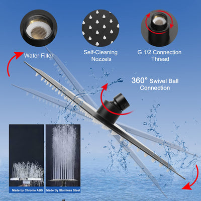 High Pressure Shower Head 8 Inch Square With 5 Settings Handheld Filter