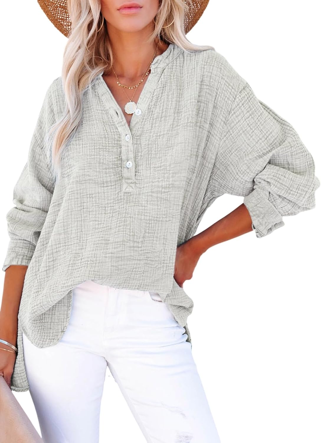 Womens Gauze Blouse Casual Button Neck Long Sleeve Oversized