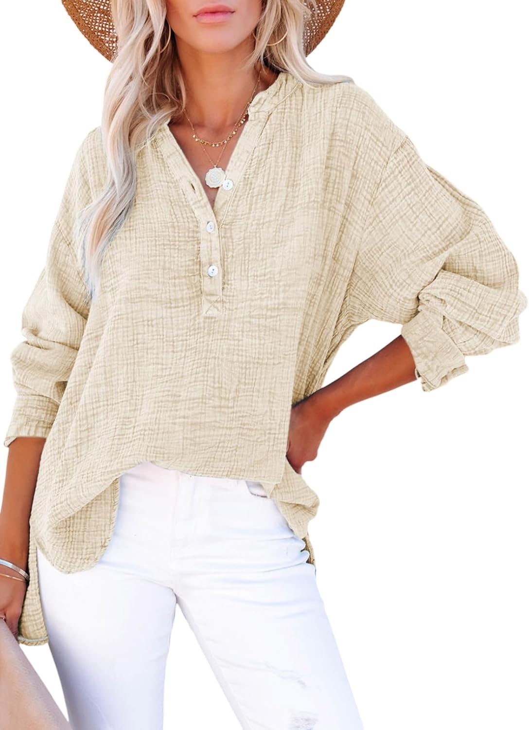 Womens Gauze Blouse Casual Button Neck Long Sleeve Oversized