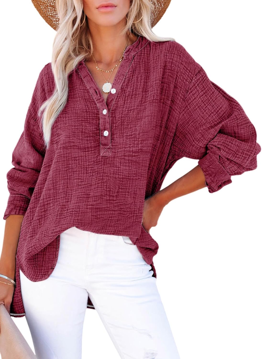 Womens Gauze Blouse Casual Button Neck Long Sleeve Oversized