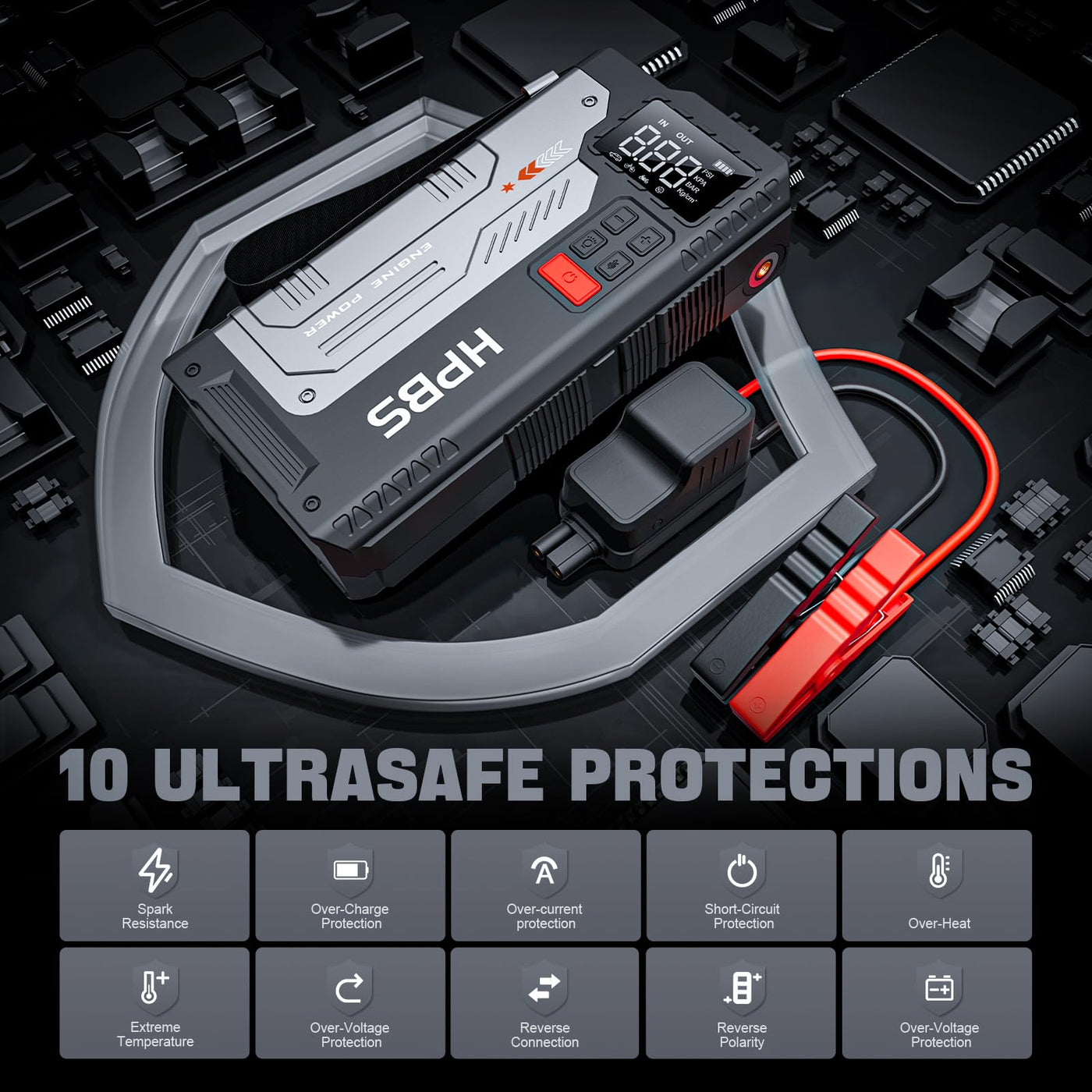 HPBS 2500A Portable Car Jump Starter With Air Compressor And Tire Inflator
