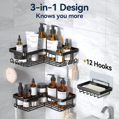 Stainless Steel Bathroom Organizer Wall Mounted Rack Black 3-Pack