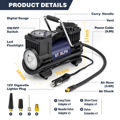 Stealth Portable Air Compressor Tire Inflator 12V Digital Pump 120PSI