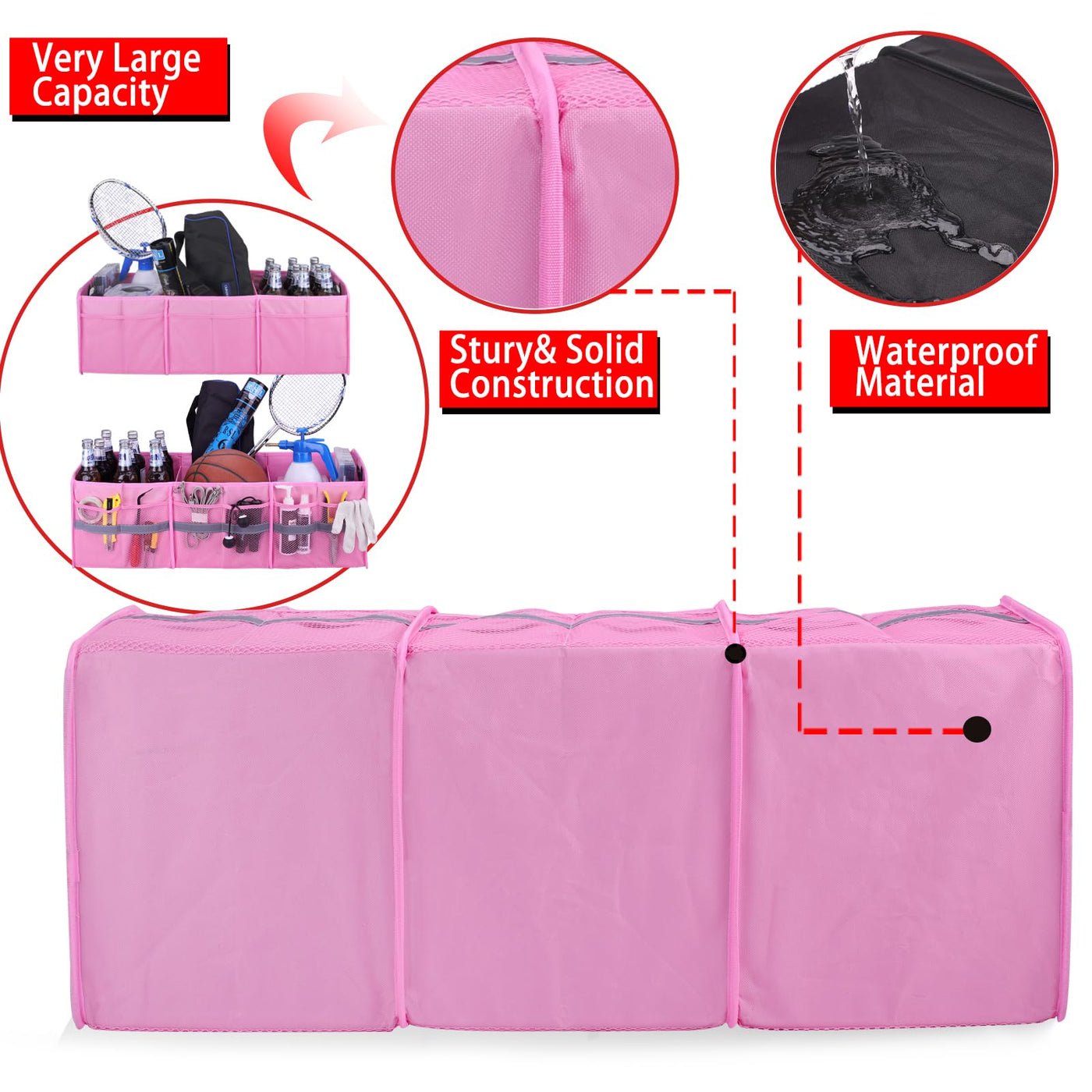 Large Collapsible Trunk Organizer With 3 Compartments And Multi Pockets