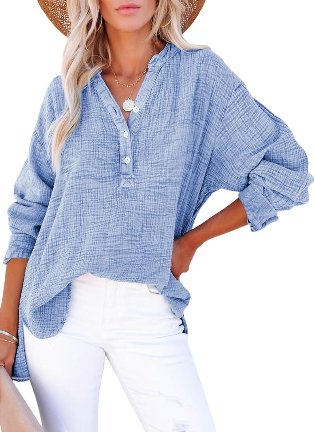 Womens Gauze Blouse Casual Button Neck Long Sleeve Oversized