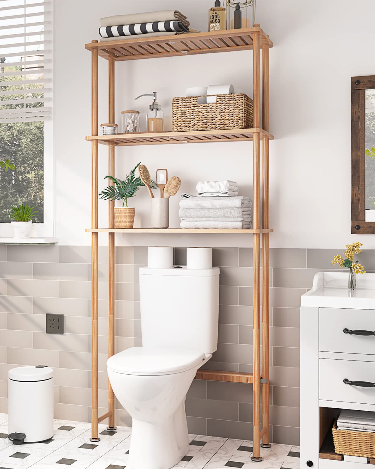 AmazerBath Bamboo Over The Toilet Storage Shelf 3-Tier Organizer Rack