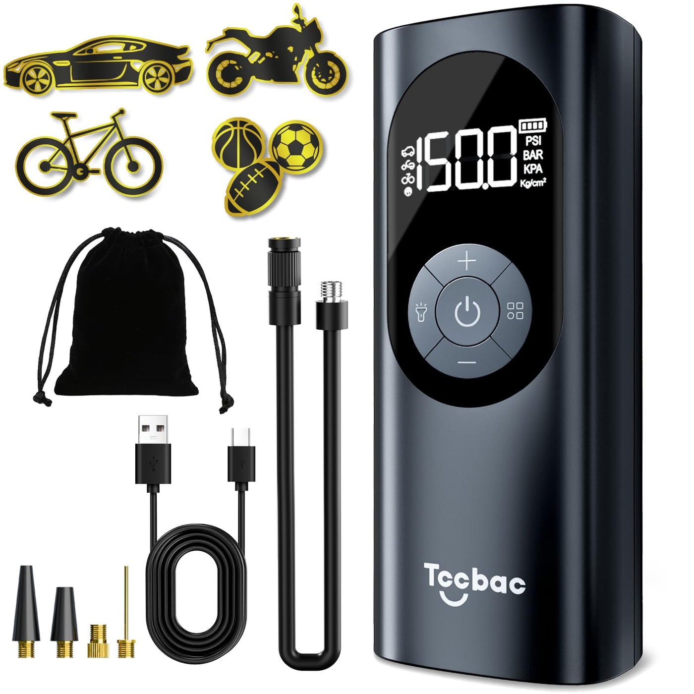 Tccbac Portable Tire Inflator Air Compressor With 150 PSI Gauge And LED Light