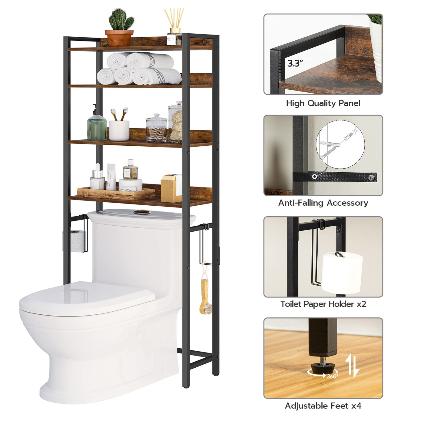 MAHANCRIS 4 Tier Over The Toilet Storage Rack Bathroom Organizer With Hooks