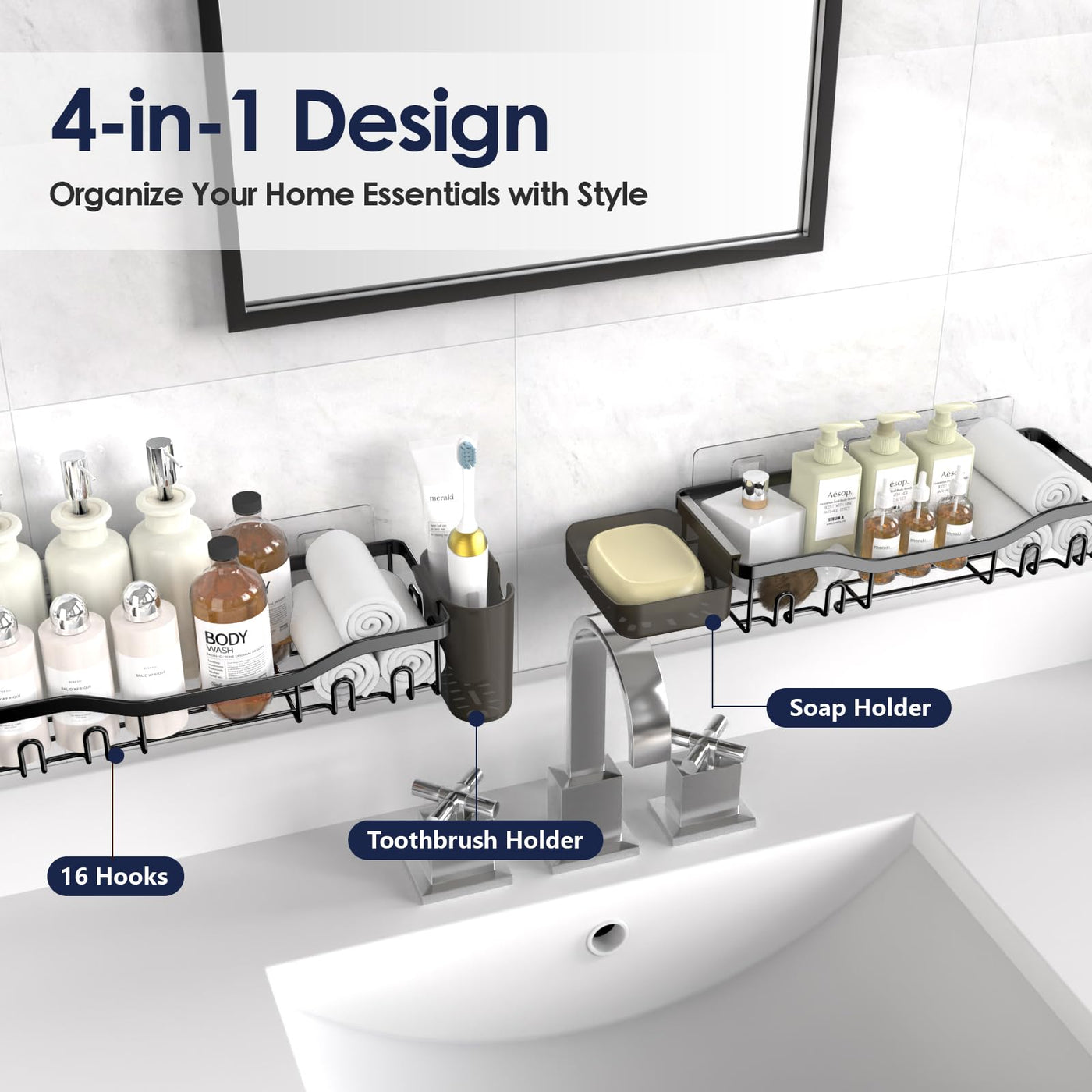 NESOMI Adhesive Shower Caddy Wall Shelf Organizer For Bathroom Storage