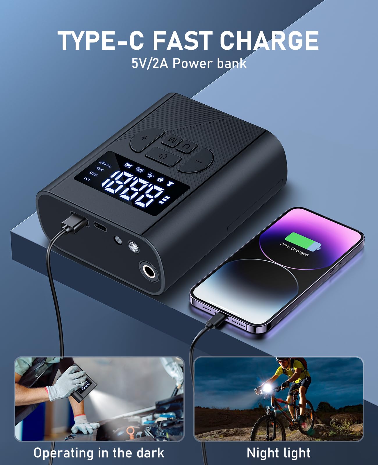 Portable Air Compressor Cordless 150PSI Battery Air Pump With LCD Light