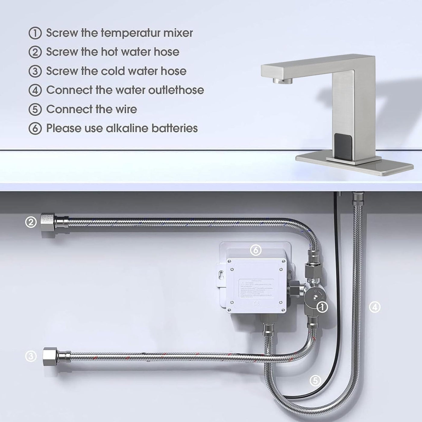 Automatic Commercial Sink Faucet Brushed Nickel AC DC Power