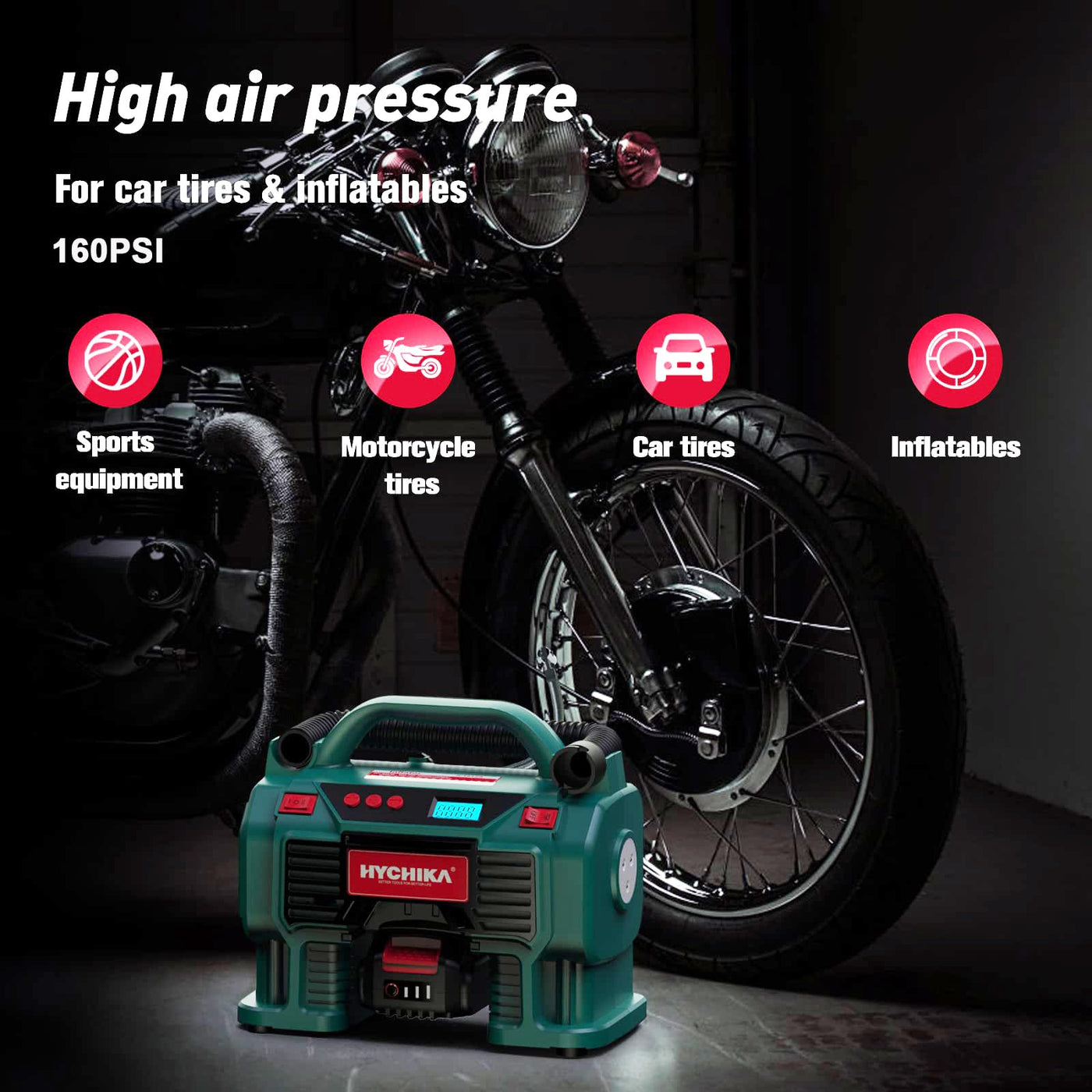 Portable Tire Inflator HYCHIKA Air Compressor 160PSI Dual Power