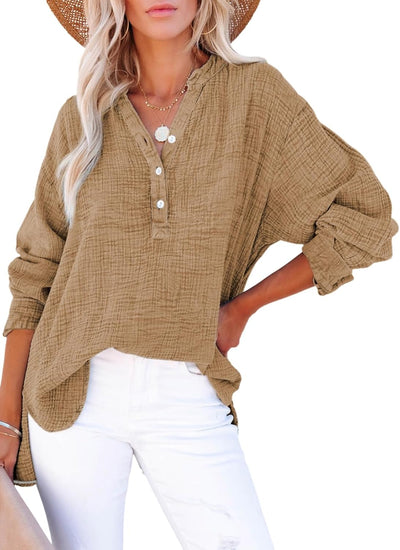 Womens Gauze Blouse Casual Button Neck Long Sleeve Oversized